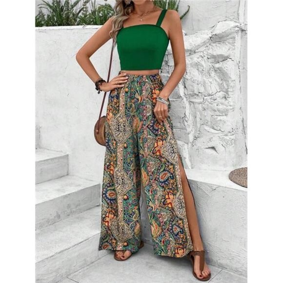 Square Collar Cami Top Pocketed Wide Leg Pants Sets